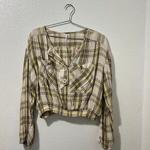 free people cream green cropped plaid top